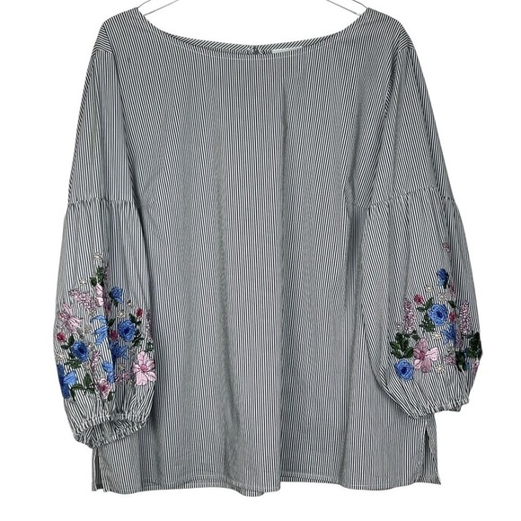Liz Claiborne Tops - Liz Claiborne Blouse Womens XXL Black White Good Striped Floral Embroidered Puff